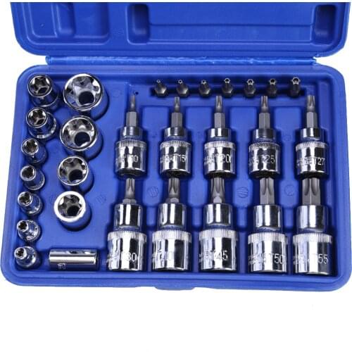 29Pcs 1/4 3/8 1/2 Torx Star Socket Bit Set of Tools Male Female E & T Sockets with Torx Bit Wrench Car Repair Tool