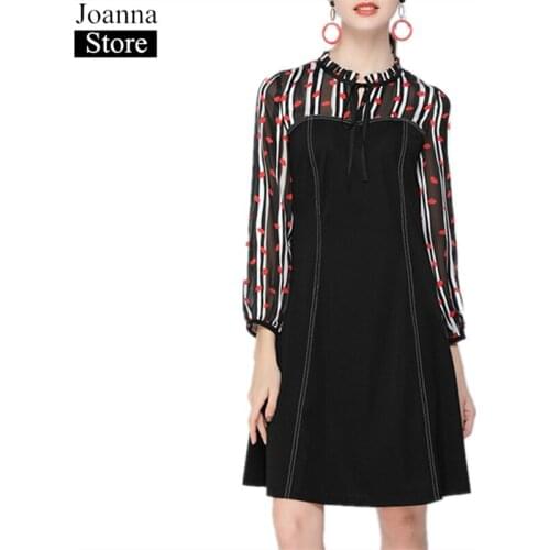 Spring New Print Stitching Long Dress Women O-Neck Nine Points Sleeve Bow Vintage Elegant Dresses Black Plus Size Loose Clothes