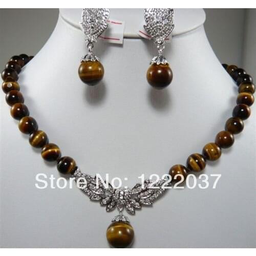 New 3color!fine10mm blue stone / tiger eye stone necklace pendant earring set