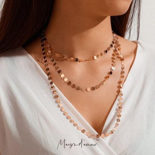 Simple Stylish Personality Bohemia Multi Layered Sequins Gold Bead Chain Clavicle Necklace Set