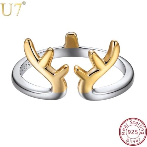 U7 925 Sterling Silver Adjustable Horn / Cat Rings Reindeer Deer Antlers Wedding Silver Ring Jewelry For Women Girl Gift SC162