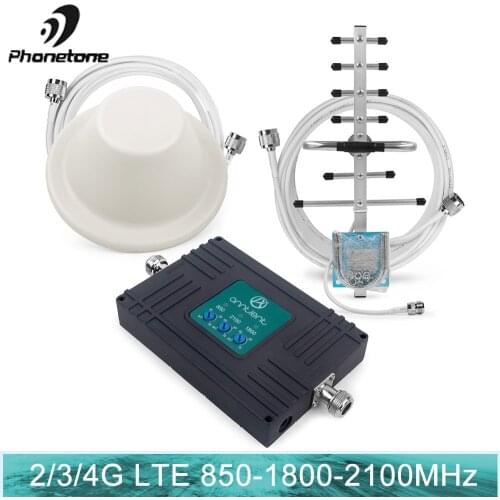 Repeater GSM 2G 3G 4G LTE cellular signal booster 70dB 850/1800/2100MHz Tri Band Data signal Repeater 3g Amplifier Antennas Set