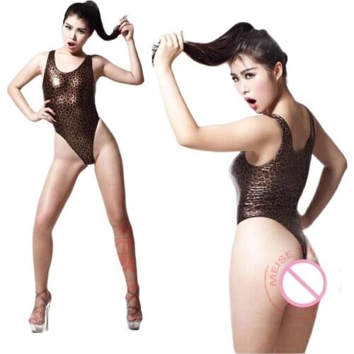 Plus Size Glitter Glue Coating Leopard Hot Sexy High Cut Thong Bikini Swimwear One Piece Bodysuit Monokini Sukumizu Bathingsuit