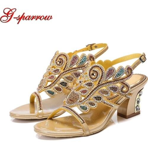 Gold Black Rhinestone Sandals female summer Sandals fashion crystal 6cm high heels Block heel Cinderella Event Prom Shoes Straps