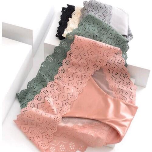 Retro Sexy Lace Panties Womens Cotton Crotch Briefs Seamless Ice Silk Transparent Mesh Back Underwear