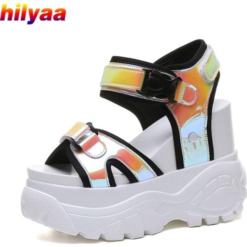 11cm Heel Woman Sandals Color Sequins Summer Shoes For Women High Heels Leather Sandalias Mujer Comfort Platform Sandals Women