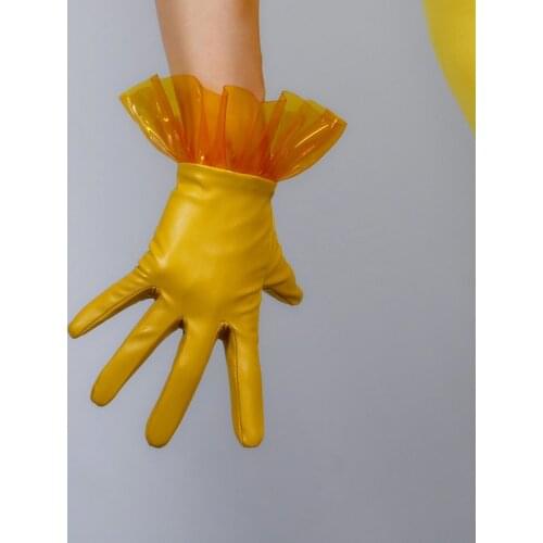 Women PU Leather Gloves 25cm Transparent PVC Plastic Wave Folds Lace Short Faux Leather Ginger Yellow Female Gloves WPU295