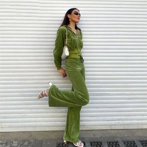 Velvet Two-piece Clothes Set Solid Hooded Crop Top Zipper Jacket Elastic High Waist Drawstring Pant Y2K Women Winter Simple Suit