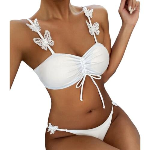 Womens Two Piece Swimsuit Butterfly Shoulder Strap Chest Pad Drawstring Bra Bikini Pantie for Female Pleated Bikini Set