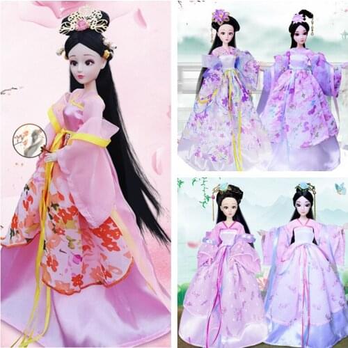 1/6 Scale 30cm Ancient Costume Long Hair Chinese Fairy Hanfu Dress Barbi Doll 12 or 20 Joints Body Model Toys Girl Gift B0360
