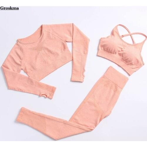 Seamless Crop Top+Bra+High Waist Pants Women 3 Piece Set Fitness Gym Suits Outdoor Sportswear Running Clothing T Shirt Exercise