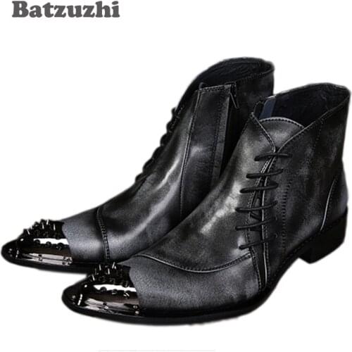 Batzuzhi Luxury Mens Leather Shoes Fashion Designer Metal Toe Lacing Up Grey Short Ankle Boots For Man Size 38-46