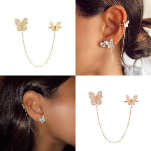 CRMYA New Fashion CZ Zircon Gold Silver Plated Earrings for women Butterfly Chain Cuff Earring Wedding Party Jewelry Gift Punk