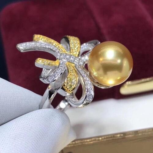D517 Pearl Ring Fine Jewelry 925 Sterling Silver Round 10-11mm Nature Sea Water Gold Pearls Rings for Women Presents
