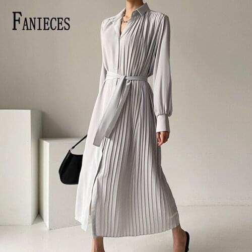FANIECES Elegant Solid Chiffon Pleasted Dress Women Autumn Long Sleeve Lapel Single Breasted Shirt Dresses With Belt Vestido