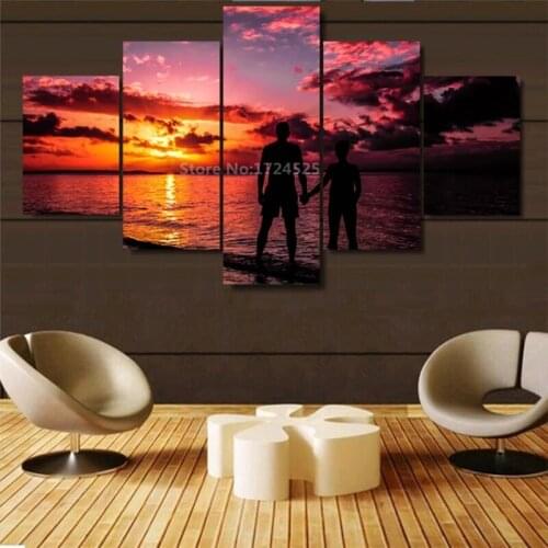 Dusk Red Burning Clouds Seascape Couple Photography Beautiful Wall Painting 5Pcs Home Decoration Canvas Hd Printing Poster