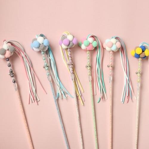 Cat Teaser Wand Colorful Bead Cat Interactive Toy Cat Tassel Wand with Pompom and Bell Cat Funny Favor Playing Cute Toy