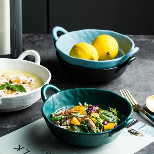 Nordic Double Ear Bowl Ceramic Creative Soup Bowl Ramen Bowl Retro Salad Bowl Disc Tray Household Tableware Restaurant Supplies