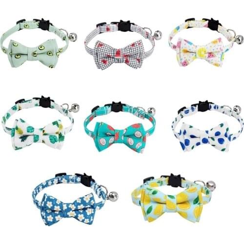 Summer Fruits Pattern Bowknot Cat Collar with Bell Adjustable Pets Kitten Necklace Accessories Safe Buckle Puppy Bow Tie
