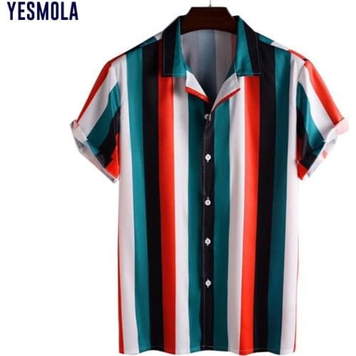 YESMOLA Summer Strip Print Cool Thin Shirt Mens Shirt Casual Short Sleeve Hawaiian Shirts Stand Collar Men Dress Male Clothing