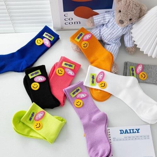 Sweet smiley stickers Spring summer candy color in tube Ladies Cotton Harajuku Cartoon Cute Fashion Woman Men&Women Unisex Sock