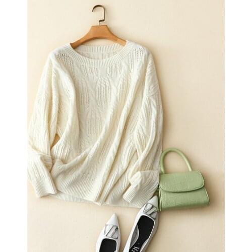 Korean fashion knit loose sweater women crew neck long sleeve casual large size outerwear knitwear quality 100% cashmere pullove