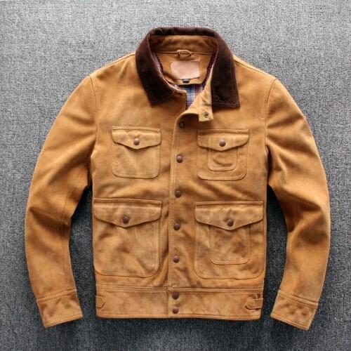 2020 mens safari style cow suede RL copy Multi-pocket real leather coat men yellow single breasted casual jacket male