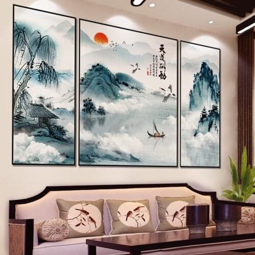 Chinese Style Ink Painting Wall Stickers Living Room Wall Decoration Large Mural Landscape Wallsticker Home Office Decor Art