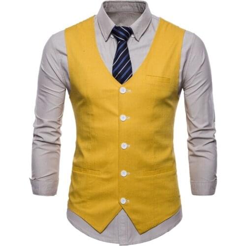 Casual Cotton Linen Mens Suit Vest Slim Fit Single Breasted Sleeveless Waistcoat Male White Yellow Green Orange Light Blue M-4XL