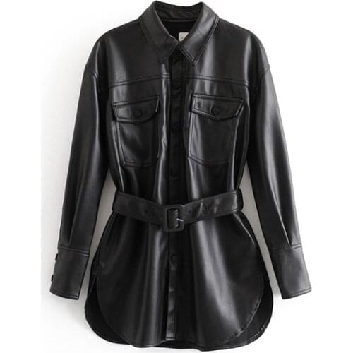 Obrix Casual Style Cool Female Shirt Formal Artificial Leather Square Collar Full Sleeve Belt Pockets Shirt For Women