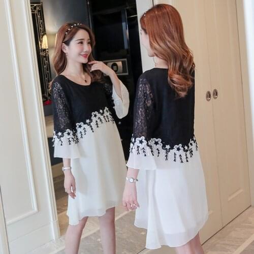 Ummer Maternity Chiffon Dress for Pregnant Women Lace Splice Pregnancy Clothes Casual Half Sleeves Maternity