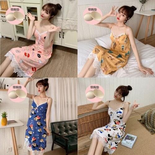 Sling Skirt + Bra Nightgown Female Summer Lace Sexy Nightdress Womens Sleepwear Korean Home Wear Nightwear Sleep Tops Cartoon