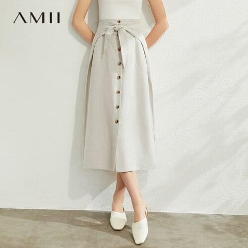 AMII Minimalism Spring Summer Fashion Solid Linen Bow Aline Women Skirt Causal High Waist Single-breasted Female Skirt 12070259