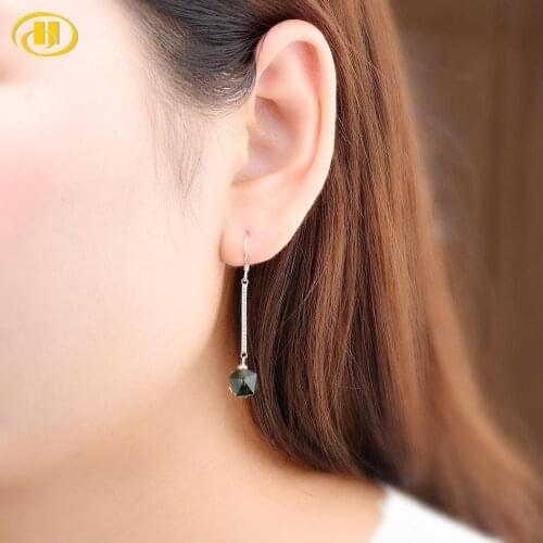 Hutang Silver Jewelry 8mm Polygon Bead Drop Earrings Green Crystal 925 Silver Fine Trendy Jewellry for Women