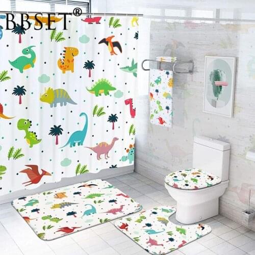 Cartoon Dinosaurs Waterproof Print Shower Curtain 4 Piece Toilet Lid Cover Anti-slip Soft Rugs Bath Mat Bathroom Set Home Decor