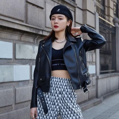 High Quality Slim Short Black PU Leather Biker Jacket Plus belt Streetwear Casual Fashion Punk Faux Leather Outwear Spring 2021
