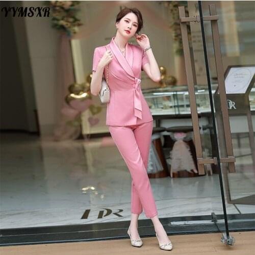 Womens Pants Suit 2-piece Summer Thin Professional Suit Slim Short-sleeved Jacket High-end Fashion Female Formal Wear