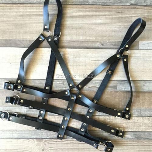 Fashion Women Punk Gothic Handmade Leather Women Harness Black Body Bra Chest Cage Top 3 Row Line Waist Belt Straps