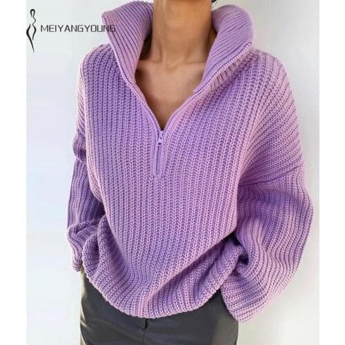 MEIYANGYOUNG Zipper Turtleneck Oversize Knitted Sweater Women Autumn Winter Thick Full Sleeve Pullovers Casual Jumper 2021