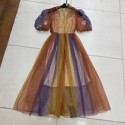 Summer Runway Fashion 2021 V-Neck Lantern Sleeve Womens Luxury Beading Pearls Colorful Print Long Beach Dress