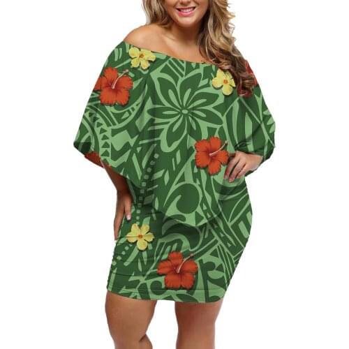 Hycool 2021 Tropical Flower Hibiscus Polynesian Green Dress Summer Bat Sleeve Women Plus Size Clothing Women Sexy Party Dresses