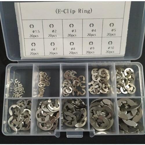 200Pcs Stainless Steel E Clip Washer Assortment Kit 1.5 2 3 4 5 6 7 8 9 10 mm Circlip retaining ring for shaft fastener
