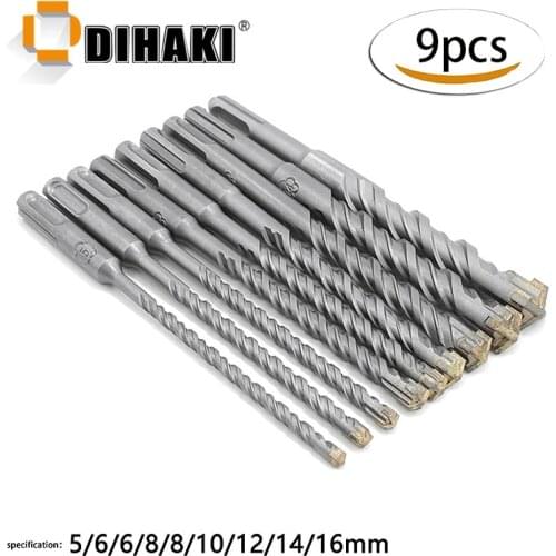 9PCS/Set Electric Hammer SDS Plus Drill Bit Set For Concrete Wall Brick Block Masonry Hole Saw Drilling Bits 160mm 5-16mm