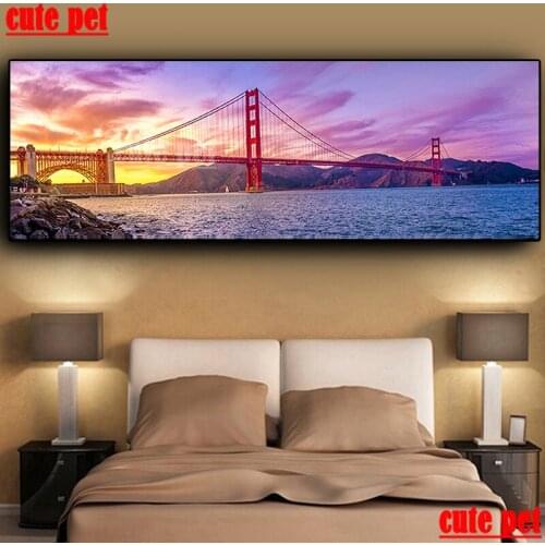 Large Diamond Painting Sunsets Golden Gate Bridge Coast Mosaic Landscape Building Full Square Round DIY Diamond Embroidery Decor