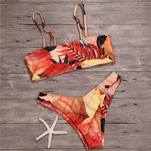 By dhl or fedex 50pcs Bandeau Leaf Print Bikini Set Women Swimwear Cami Bralette Bathing Swimsuit Spaghetti Straps Brazilian