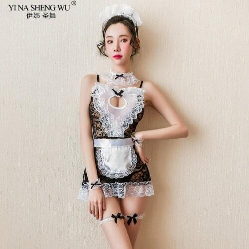 Japanese Apron Maid Cosplay Sexy Lolita Costumes Perspective Lingerie Underwear Servant Erotic Lace Outfit Babydoll DressUniform