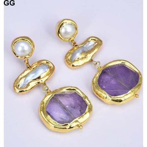 GuaiGuai Jewelry Natural Freshwater White Biwa Keshi Pearl Purple Amethyst Gold Color Plated Stud Dangle Earrings