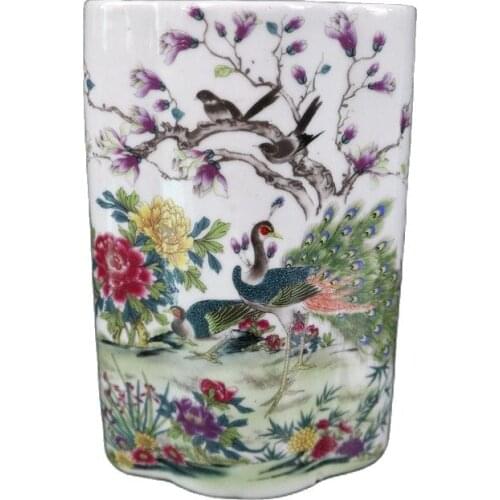 China Old Porcelain Pastel Peacock Pattern Flat Pen Holder