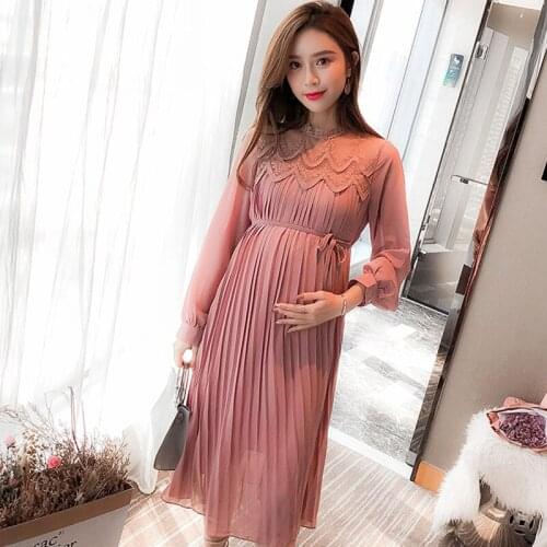 Lace Chiffon Dresses Maternity Clothes For Pregnant Women Long Sleeve Pleated Dresses High Quality Pregnancy Maternity Vestidos