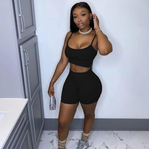 Summer Women 2Piece Sets Workout Crop Tank Top Sleeveless Spaghetti Straps Camisole + Tight High Waist Short Pants Tracksuit Set